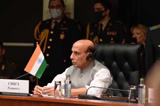 Defence Minister Rajnath Singh attending the Joint Meeting of the Defence Ministers of SCO, CIS and CSTO members in Moscow. (Image: Twitter)
