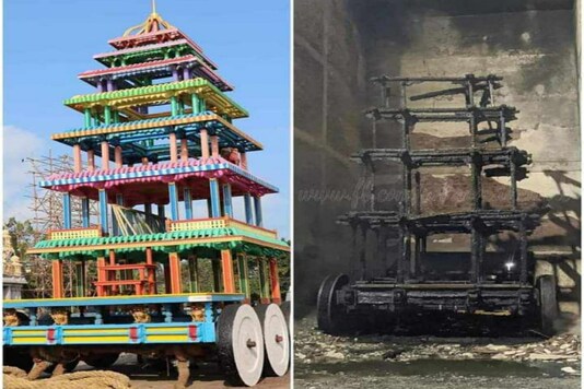 The 40-feet high chariot made of teak wood was parked in a shed on the temple premises. 