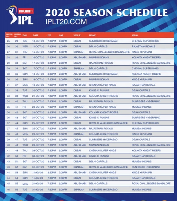 Ipl 2020 Full Schedule Date And Time Match Timings Venue Fixtures Of All Ipl 13 Matches Gohash 6162