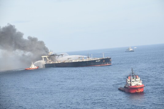 Indian Coast Guard and Sri Lankan ships, fast patrol vessels and tugs have been deployed in the fire-fighting exercise. (News18)