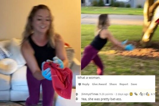 This image shows the woman who trapped  a bat that entered in her house. Credits: Reddit 
