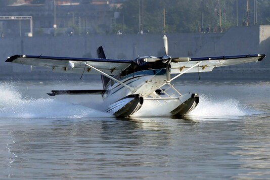 A seaplane, with Prime Minister Narendra Modi onboard, takes off for Dharoai Dam from the Sabarmati river-front in Ahmedabad on December 12, 2017. (PTI)