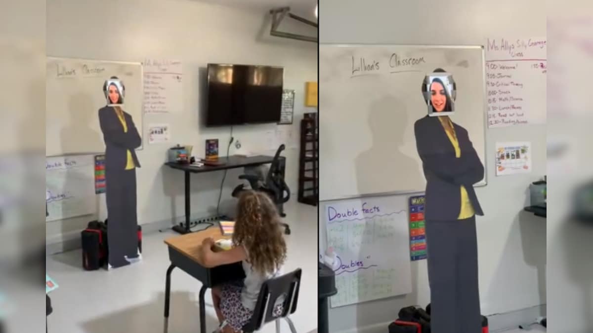 Dad Turns Garage Into Classroom Complete with Cardboard Teacher for Daughter's Online Classes