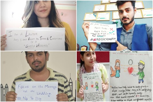 People showing up placards in support of simple wedding.