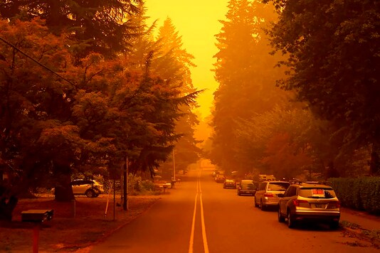 In a photo provided by Christian Gallagher, a street in West Linn, Oregon, is shrouded by smoke from wildfires.(Credit: AP)