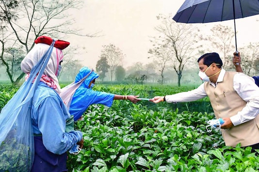 Assam Chief Minister Sarbananda Sonowal distributes face masks among workers at Bokpara Tea Estate in Dibrugarh district, on April 24, 2020. (PTI Photo)