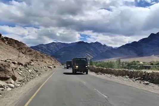 This frame grab from video shows an Indian army convoy driving in Leh, India. The nuclear-armed rivals have been engaged in a tense standoff in Ladakh since May. (AP)