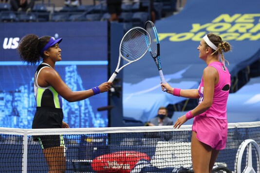 Naomi Osaka (left) and Victoria Azarenka in the US Open final.  (Photo credit: US Open Twitter)