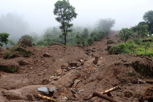 A view of the debris after a landslide stuck early Sunday in Sindhupalchowk district, about 120 kilometers (75 miles) east of the capital, Kathmandu, Nepal, Monday, Sept.14, 2020. (AP Photo/Niroj Chaulagai)