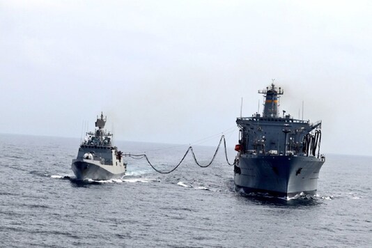 Indian warship undertook refuelling with US Navy tanker USNS Yukon. (Image: Indian Navy Twitter)