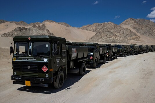 Military tankers carrying fuel move towards forward areas in the Ladakh region on September 15, 2020. (REUTERS)
