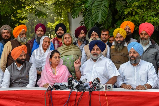 File photo of Akali Dal leader Harsimrat Kaur attending a press conference with party chief Sukhbir Singh Badal. (PTI)