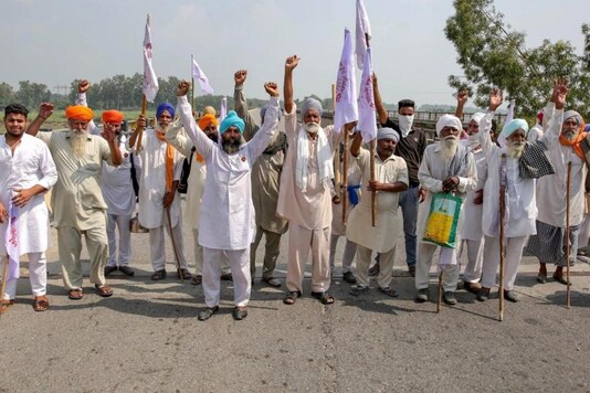 Farmers protest the three agriculture bills in Parliament in Amritsar, Punjab. (PTI)