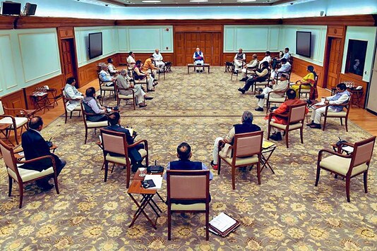 File photo of Prime Minister Narendra Modi chairing a cabinet meeting as per the Covid-19 safety guidelines. (PTI)