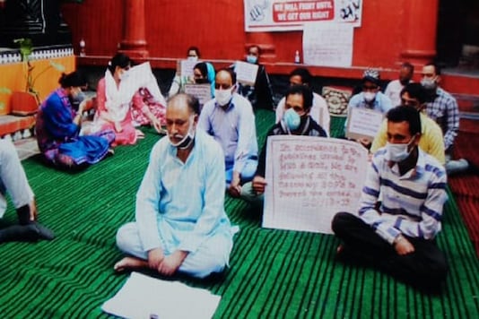 Non-migrant Kashmiri Pandits during a sit-in protest against the government at Ganpatyar, Srinagar. Non-migrant Kashmiri Pandits during a sit-in protest against the government at Ganpatyar, Srinagar.