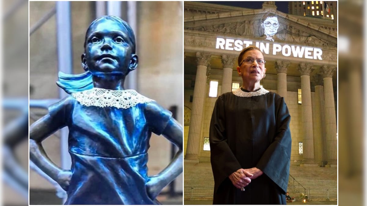 New York's Fearless Girl Dressed up in a Collar to Honour Justice Ruth Bader Ginsburg