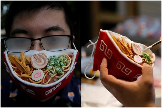 Japanese artist Takahiro Shibata designed a 3-D face mask that looks liek a bowl of hot ramen | Image credit: Reuters