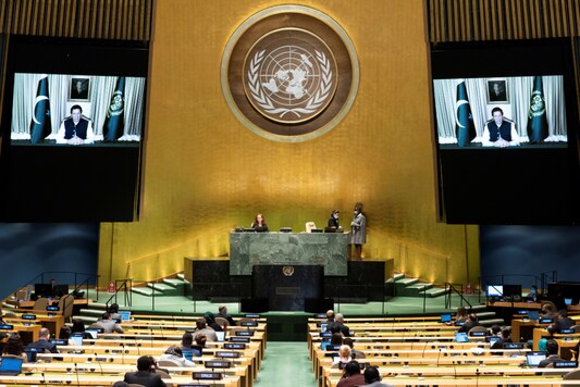 Imran Khan, Prime Minister of Pakistan speaks virtually during the 75th annual U.N. General Assembly, which is being held mostly virtually due to the coronavirus disease (COVID-19) pandemic in the Manhattan borough of New York City, New York, U.S., September 25, 2020. (Reuters)