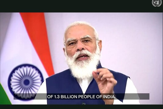 In this photo made from UNTV video, PM Narendra Modi speaks in a pre-recorded message which was played during the 75th session of the United Nations General Assembly, on September 26, 2020, at UN Headquarters. (UNTV Via AP)