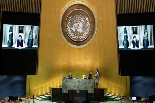 Pakistan Prime Minister Imran Khan speaks virtually during the 75th annual UN General Assembly on September 25. (Reuters)
