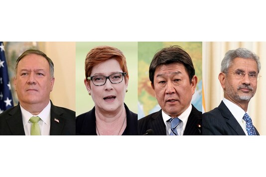 In this combination image shows left to right; U.S. Secretary of State Mike Pompeo, Australian Foreign Minister Marise Payne, Japan's Foreign Minister Toshimitsu Motegi,, and Indian Foreign Minister Subrahmanyam Jaishankar. (AP photo) In this combination image shows left to right; U.S. Secretary of State Mike Pompeo, Australian Foreign Minister Marise Payne, Japan's Foreign Minister Toshimitsu Motegi,, and Indian Foreign Minister Subrahmanyam Jaishankar. (AP photo)
