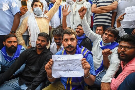  Bhim Army chief Chandrashekhar Azad along with party workers stage a protest outside Safdarjung Hospital over the death of Hathras gangrape victim, in New Delhi, Tuesday, Sept. 29, 2020. (PTI Photo/Kamal Singh)