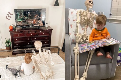 The toddler with his a skeleton.
(Credit: Instagram/ @abigailkbrady)