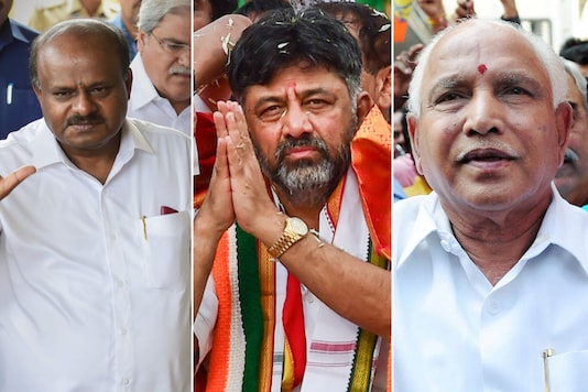 File photos of Karnataka Chief Minister BS Yediyurappa, state Congress president DK Shivakumar and JDS chief HD Kumaraswamy. (PTI Photos) 