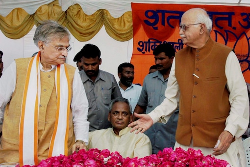 In this file photo, BJP leaders LK Advani and Murli Manohar Joshi attend a public meeting after appearing in a special court in connection with the demolition of Ayodhya's Babri Masjid, in Raebareli, on July 28, 2005. (PTI)