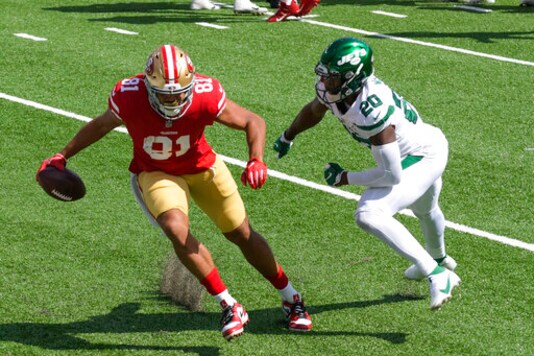 San Francisco 49ers' Jordan Reed (81) breaks away from New York Jets' Marcus Maye (20) for a touchdown during the first half of an NFL football game Sunday, Sept. 20, 2020, in East Rutherford, N.J. (AP Photo/Bill Kostroun)