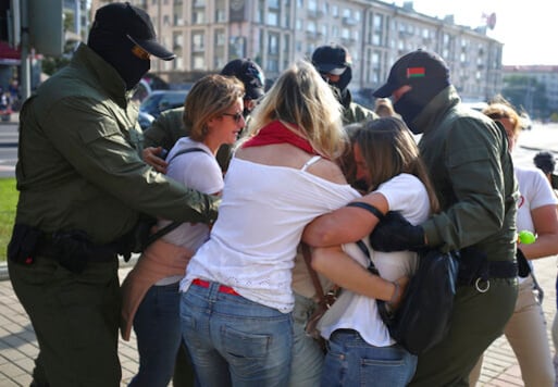 Police detain protesters during an opposition rally to protest the official presidential election results in Minsk, Belarus, Saturday, Sept. 26, 2020. Hundreds of thousands of Belarusians have been protesting daily since the Aug. 9 presidential election. (AP Photo/TUT.by)