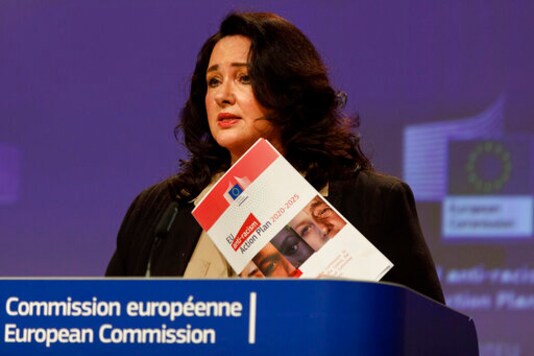 European Commissioner for Equality Helena Dalli participates in a media conference on the EU anti-racism Action Plan at EU headquarters in Brussels, Friday, Sept. 18, 2020. (AP Photo/Olivier Matthys, Pool)