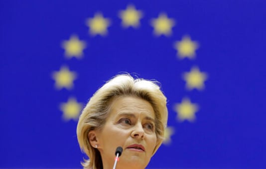European Commission President Ursula von der Leyen addresses the plenary during her first State of the Union speech at the European Parliament in Brussels, Wednesday, Sept. 16, 2020. European Commission President Ursula von der Leyen will set out her vision of the future in her first State of the European Union address to the EU legislators. Weakened by the COVID-19 pandemic and the departure of the United Kingdom, she will center her speech on how the bloc should adapt to the challenges of the future, including global warming, the switch to a digital economy and immigration. (Olivier Hoslet, Pool via AP) European Commission President Ursula von der Leyen addresses the plenary during her first State of the Union speech at the European Parliament in Brussels, Wednesday, Sept. 16, 2020. European Commission President Ursula von der Leyen will set out her vision of the future in her first State of the European Union address to the EU legislators. Weakened by the COVID-19 pandemic and the departure of the United Kingdom, she will center her speech on how the bloc should adapt to the challenges of the future, including global warming, the switch to a digital economy and immigration. (Olivier Hoslet, Pool via AP)