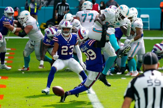 Buffalo Bills cornerback Levi Wallace (39) stops Miami Dolphins wide receiver Preston Williams at the goal line on 4th down and one in the third quarter during an NFL football game, Sunday, Sept. 20, 2020, in Miami Gardens, Fla. (AP Photo/Lynne Sladky)