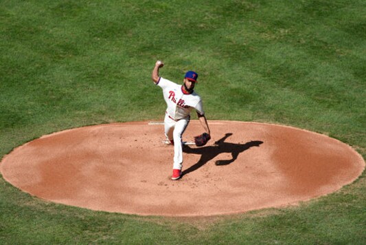 Philadelphia Phillies starting pitcher Adonis Medina throws during the first inning of a baseball game against the Toronto Blue Jays, Sunday, Sept. 20, 2020, in Philadelphia. (AP Photo/Michael Perez)