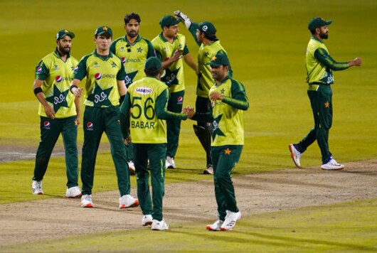 Pakistan players celebrate their win in the third Twenty20 cricket match between England and Pakistan, at Old Trafford in Manchester, England, Tuesday, Sept. 1, 2020. (AP Photo/Jon Super, Pool) Pakistan players celebrate their win in the third Twenty20 cricket match between England and Pakistan, at Old Trafford in Manchester, England, Tuesday, Sept. 1, 2020. (AP Photo/Jon Super, Pool)