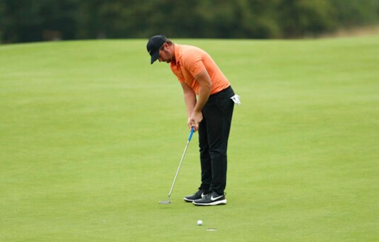 Sam Horsfield of England putts on the seventeenth green during day two of the Celtic Classic at Celtic Manor Resort, Newport, Wales, Friday Aug. 14, 2020. (David Davies/PA via AP)
