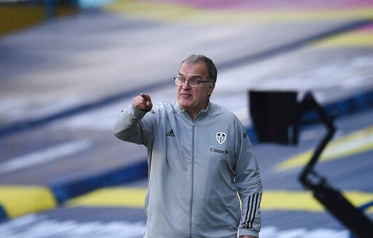 Leeds United's head coach Marcelo Bielsa reacts during the English Premier League soccer match between Leeds United and Fulham at Elland Road Stadium, in Leeds, England, Saturday, Sept. 19, 2020. (Oli Scarff/Pool via AP)