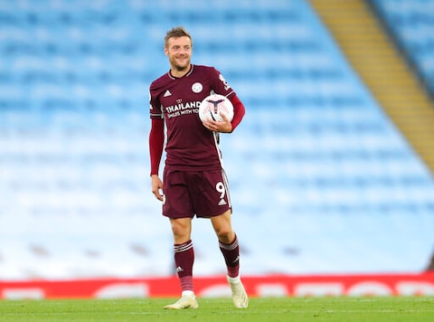 Leicester's Jamie Vardy holds onto the match ball after he scored a hat trick as he walks on the pitch after the end of the English Premier League soccer match between Manchester City and Leicester City at the Etihad stadium in Manchester, England, Sunday, Sept. 27, 2020. Leicester City won the game 5-2. (Catherine Ivill/Pool via AP) Leicester's Jamie Vardy holds onto the match ball after he scored a hat trick as he walks on the pitch after the end of the English Premier League soccer match between Manchester City and Leicester City at the Etihad stadium in Manchester, England, Sunday, Sept. 27, 2020. Leicester City won the game 5-2. (Catherine Ivill/Pool via AP)