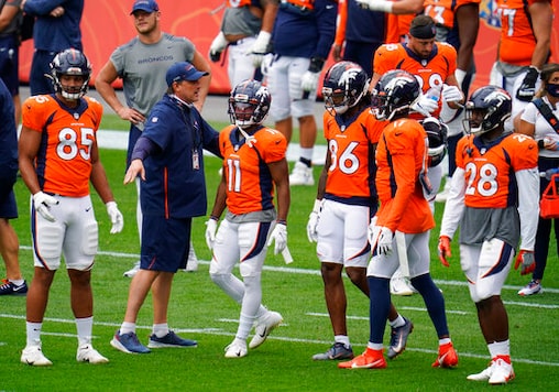 Denver Broncos quarterbacks coach Mike Shula, second from left, directs, from left to right, tight end Albert Okwuegbunam, wide receivers Diontae Spencer, Tyrie Cleveland and DaeSean Hamilton and running back Royce Freeman in a drill during an NFL football practice in empty Empower Field at Mile High, Saturday, Aug. 29, 2020, in Denver. (AP Photo/David Zalubowski) Denver Broncos quarterbacks coach Mike Shula, second from left, directs, from left to right, tight end Albert Okwuegbunam, wide receivers Diontae Spencer, Tyrie Cleveland and DaeSean Hamilton and running back Royce Freeman in a drill during an NFL football practice in empty Empower Field at Mile High, Saturday, Aug. 29, 2020, in Denver. (AP Photo/David Zalubowski)