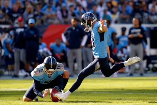 FILE - Tennessee Titans kicker Cody Parkey kicks a 45-yard field goal as Brett Kern (6) holds in the first half of an NFL football game against the Los Angeles Chargers, Sunday, Oct. 20, 2019, in Nashville, Tenn. The Cleveland Browns are replacing kicker Austin Seibert after he missed an extra point and field goal in Sunday's, Sept. 13, 2020, opener, a person familiar with the decision told the Associated Press. Seibert, who clanged his extra point off the left upright and pushed a 41-yard field-goal try to the right, will be replaced by Cody Parkey, said the person who spoke on condition of anonymity because the team has not made the move official.(AP Photo/Mark Zaleski, File)