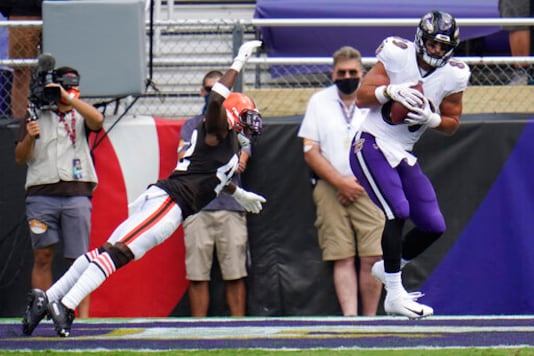 Baltimore Ravens tight end Mark Andrews (89) catches a touchdown as Cleveland Browns free safety Karl Joseph (42) attempts to tackle, during the first half of an NFL football game, Sunday, Sept. 13, 2020, in Baltimore, MD. (AP Photo/Julio Cortez) Baltimore Ravens tight end Mark Andrews (89) catches a touchdown as Cleveland Browns free safety Karl Joseph (42) attempts to tackle, during the first half of an NFL football game, Sunday, Sept. 13, 2020, in Baltimore, MD. (AP Photo/Julio Cortez)
