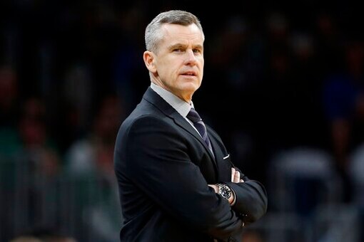 FILE - In this March 8, 2020, file photo, Oklahoma City Thunder coach Billy Donovan watches during the second half of the team's NBA basketball game against the Boston Celtics in Boston. The Chicago Bulls hired Donovan as coach Tuesday, Sept. 22. The 55-year-old Donovan spent the last five seasons with the Thunder. He replaces Jim Boylen, who was fired after the Bulls finished 22-43 and were one of the eight teams that didnt qualify for the NBAs restart at Walt Disney World. (AP Photo/Michael Dwyer, File)