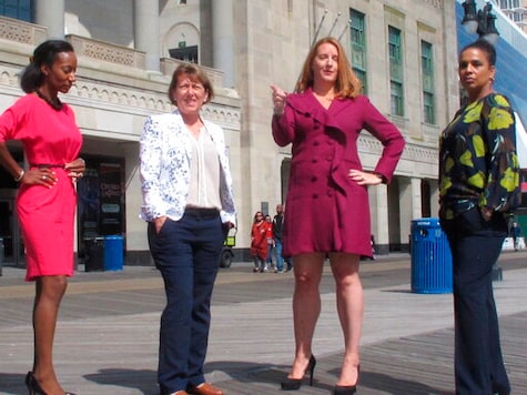 The four women who run Atlantic City casinos pose for photos on the Atlantic City N.J. Boardwalk on Sept. 21, 2020: From left, to right they are: Jacqueline Grace of Tropicana; Terry Glebocki of Ocean Casino Resort; Karie Hall of Bally's, and Melonie Johnson of Borgata. Four of Atlantic City's nine casinos are run by women. (AP Photo/Wayne Parry)