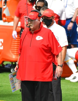 Kansas City Chiefs head coach Andy Reid watches the first half of an NFL football game against the Los Angeles Chargers in Inglewood, Calif., Sunday, Sept. 20, 2020. (Keith Birmingham/The Orange County Register via AP)