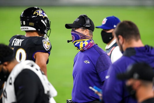 Baltimore Ravens head coach John Harbaugh watches his team during the first half of an NFL football game against the Kansas City Chiefs, Monday, Sept. 28, 2020, in Baltimore. (AP Photo/Nick Wass) Baltimore Ravens head coach John Harbaugh watches his team during the first half of an NFL football game against the Kansas City Chiefs, Monday, Sept. 28, 2020, in Baltimore. (AP Photo/Nick Wass)