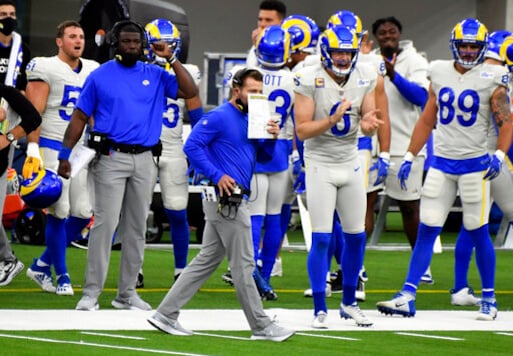 Los Angeles Rams head coach Sean McVay walks the sideline against the Dallas Cowboys in the first half of an NFL football game, Sunday, Sept. 13, 2020, in Inglewood, Calif. (Keith Birmingham/The Orange County Register via AP)