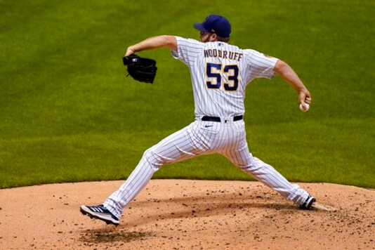 Milwaukee Brewers starting pitcher Brandon Woodruff throws during the third inning of a baseball game against the Chicago Cubs Friday, Sept. 11, 2020, in Milwaukee. (AP Photo/Morry Gash)
