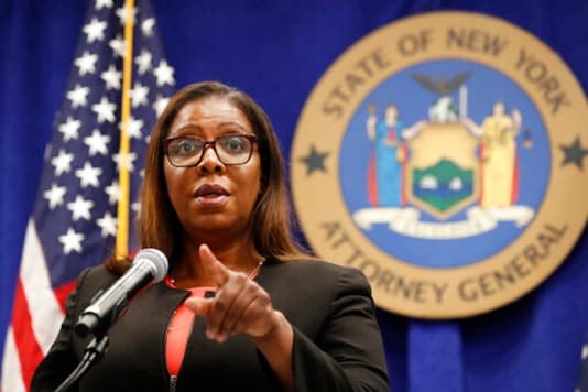 FILE- In this Aug. 6, 2020 file photo, New York State Attorney General Letitia James takes a question at a news conference in New York. During a Tuesday, Sept. 29 media conference call on an initiative, dubbed 