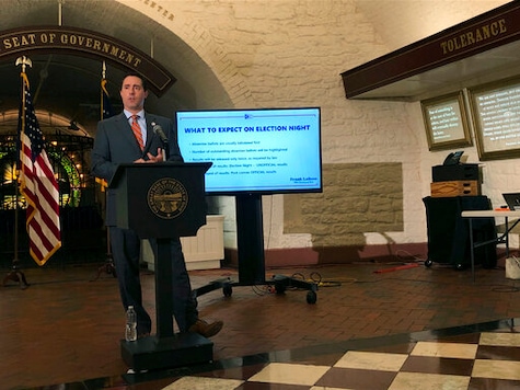 Ohio Secretary of State Frank LaRose briefs reporters on election preparations at the Ohio Statehouse in Columbus, Ohio, on Tuesday, Sept. 8, 2020. (AP Photo/Julie Carr Smyth)